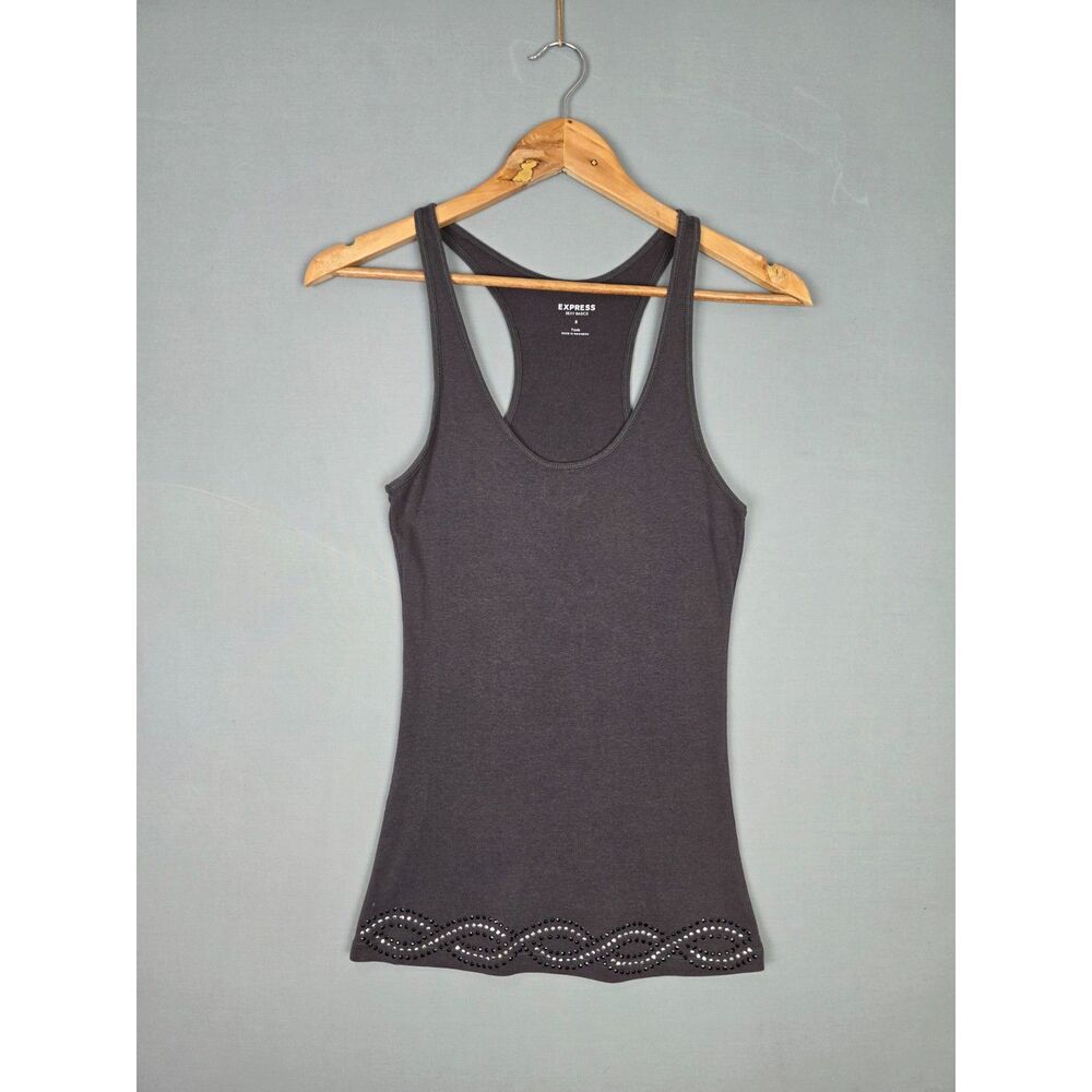 Express Grey Ribbed Tank Small Rhinestone Hem Racerback Grey Y2K Pima Cotton